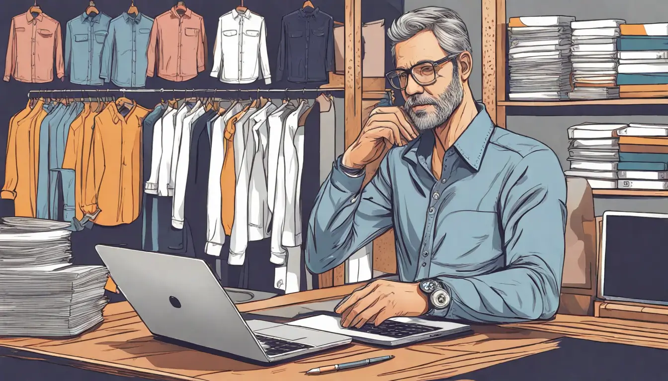 Um empresário moderno de 40 anos, em um escritório, olha atentamente para a tela do laptop. Veste camisa casual e aparenta foco, refletindo seu interesse em estratégias para aumentar vendas.